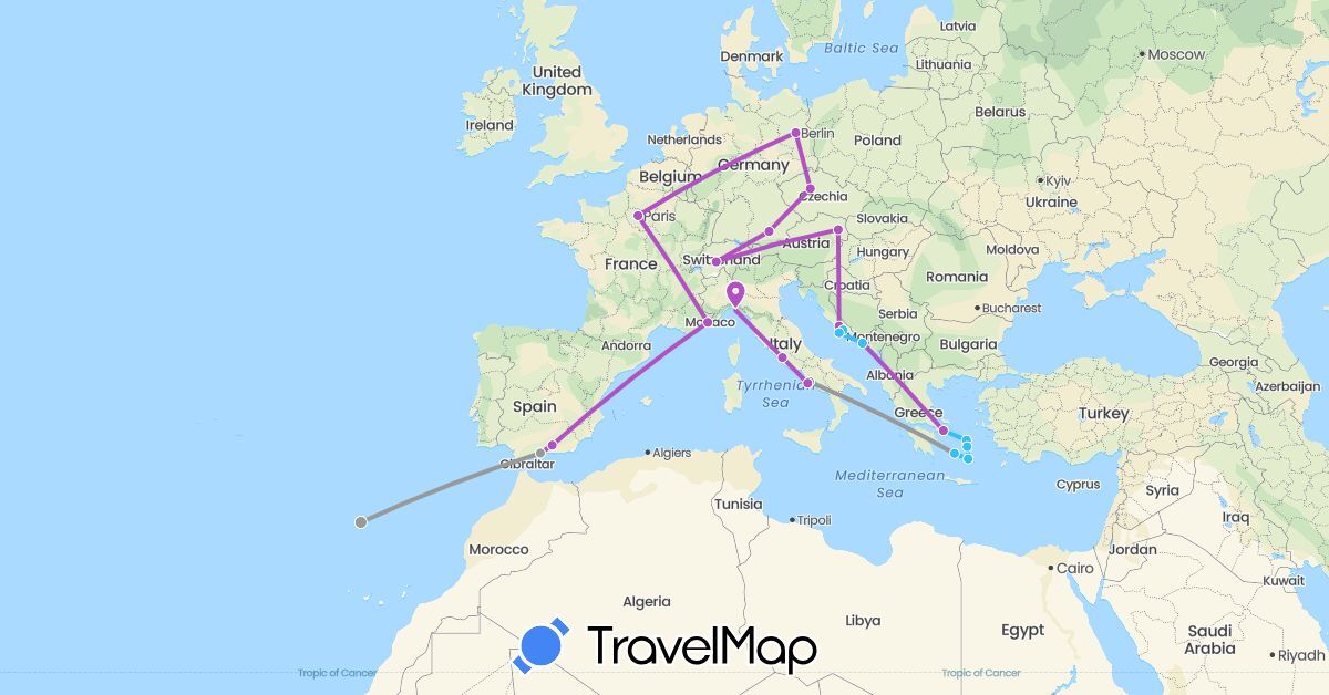 TravelMap itinerary: plane, train, boat in Austria, Switzerland, Czech Republic, Germany, Spain, France, Greece, Croatia, Italy, Portugal (Europe)